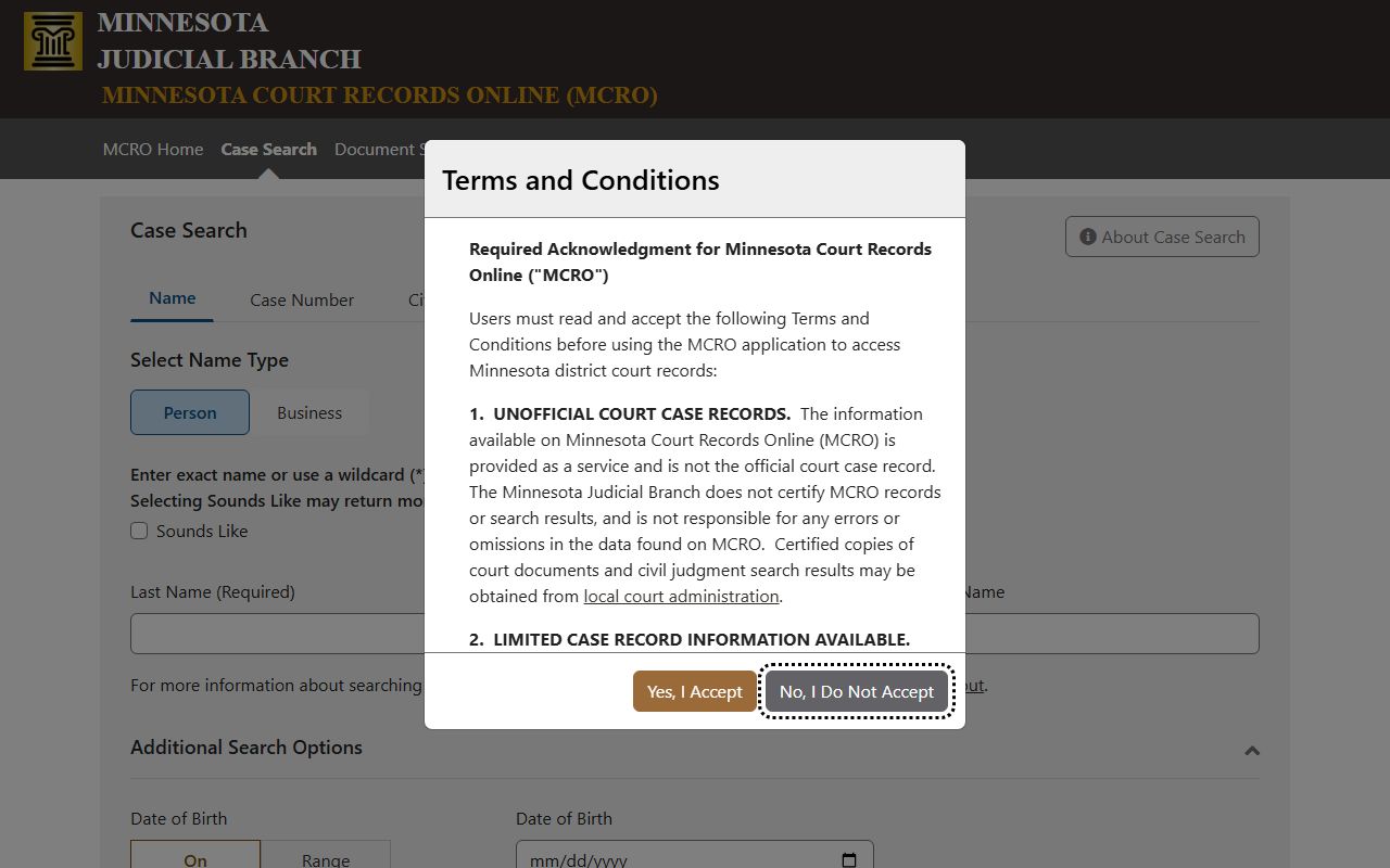 Minnesota Court Records Online case search interface