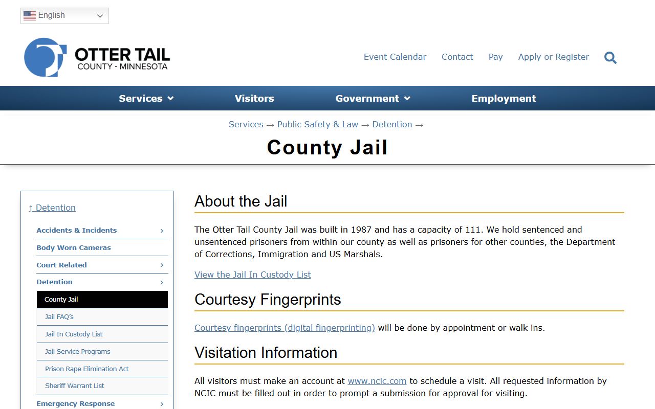 Official Otter Tail County Jail page showing capacity and visiting information