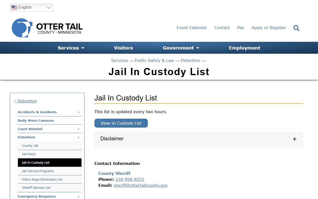 Otter Tail County inmate population jail in custody list page